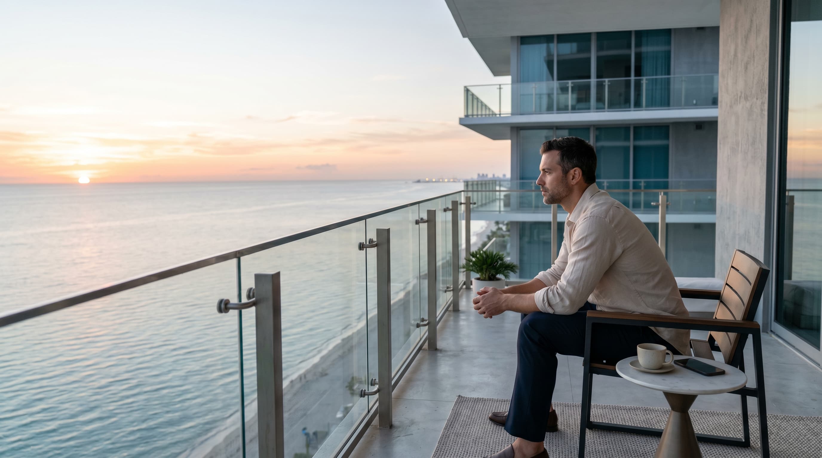 A man sitting alone with coffee on an oceanfront high-rise balcony at sunrise