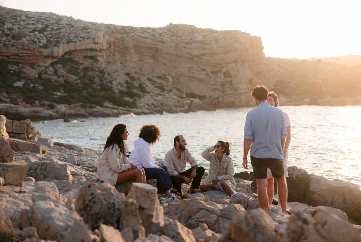FATFIRE members talking together on coastal rocks at golden hour