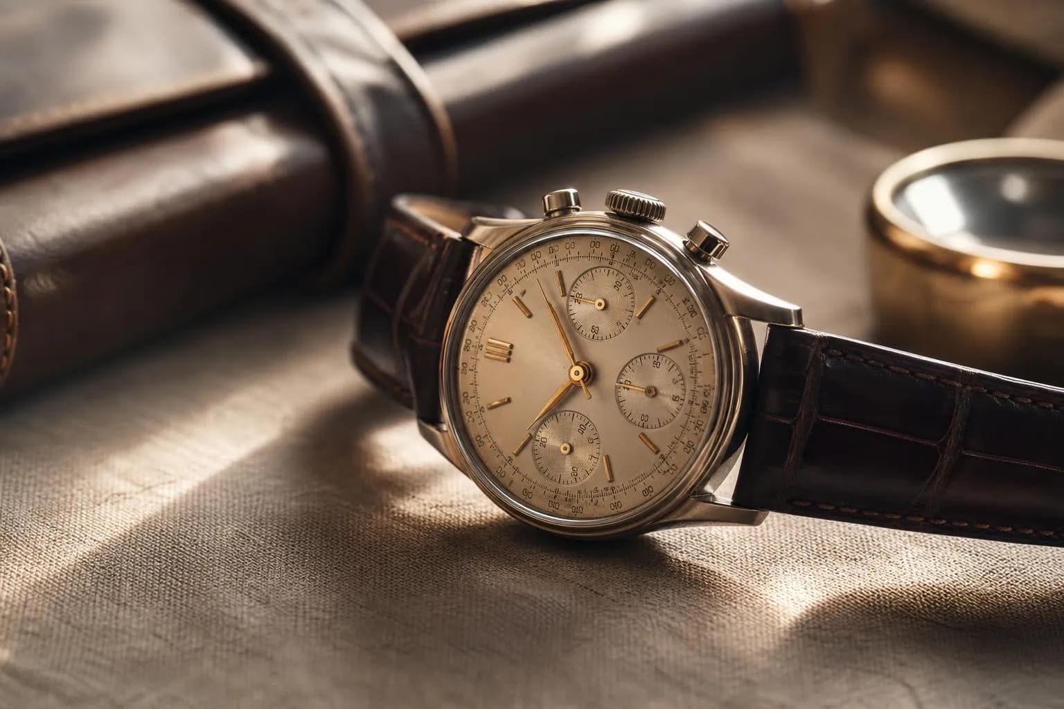 Close-up of a fine timepiece on linen, sunlit and precise