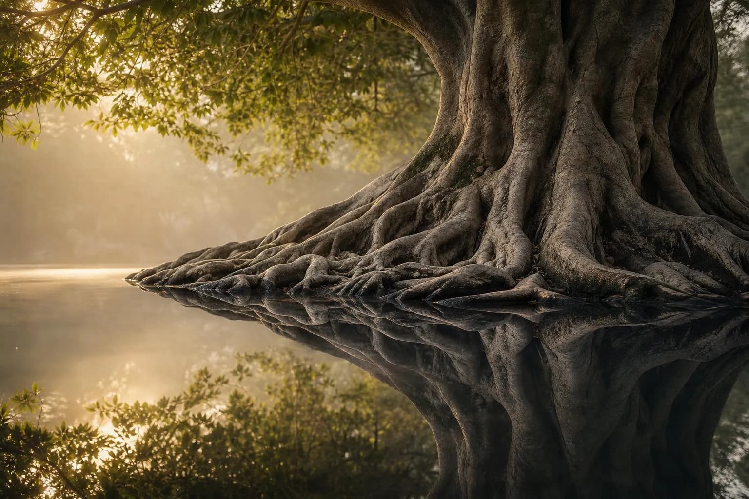 Ancient tree roots reflected in still water, symbolizing stability and measured growth