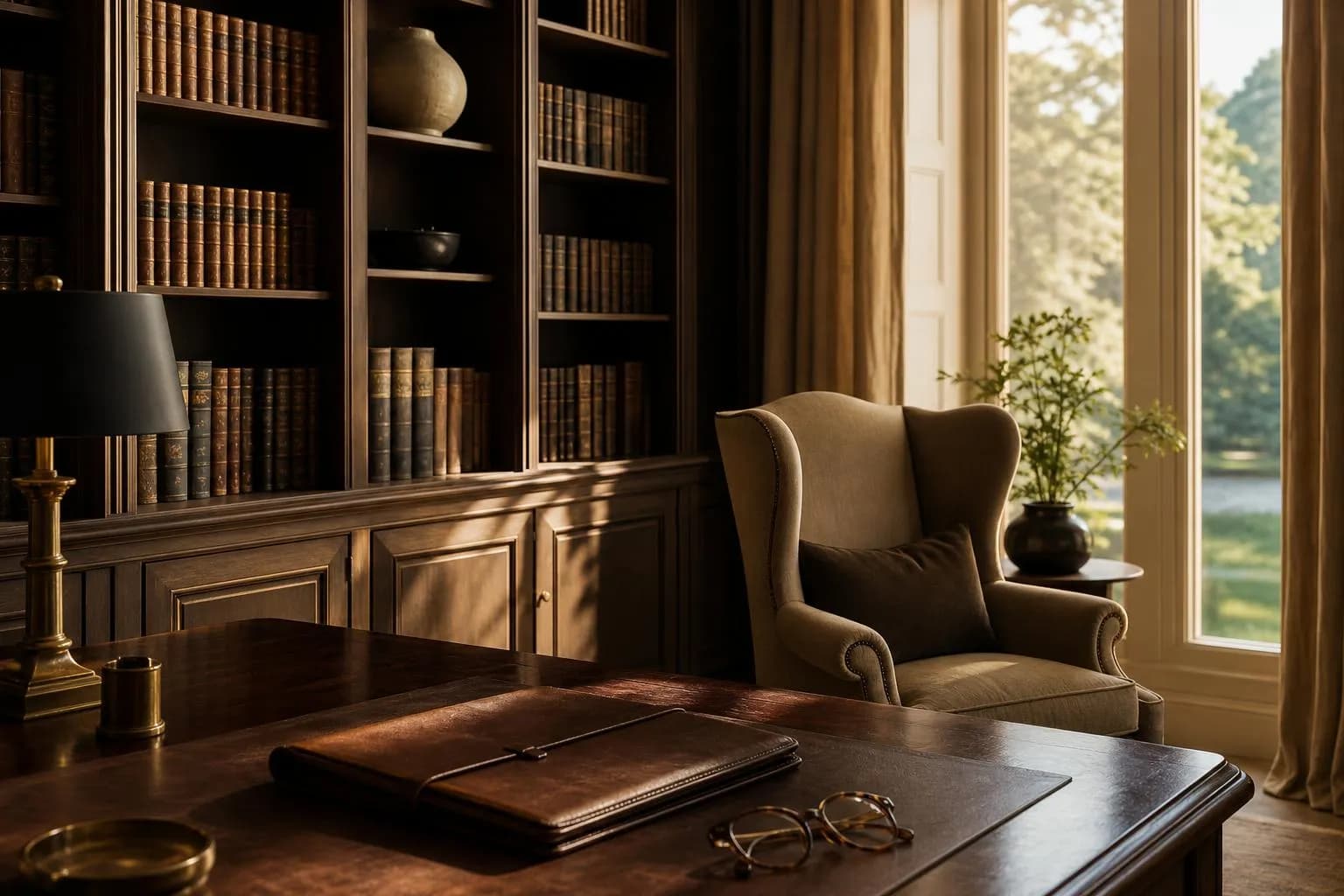 Quiet luxury library with leather-bound books, mahogany desk, and reading chair in warm afternoon light.