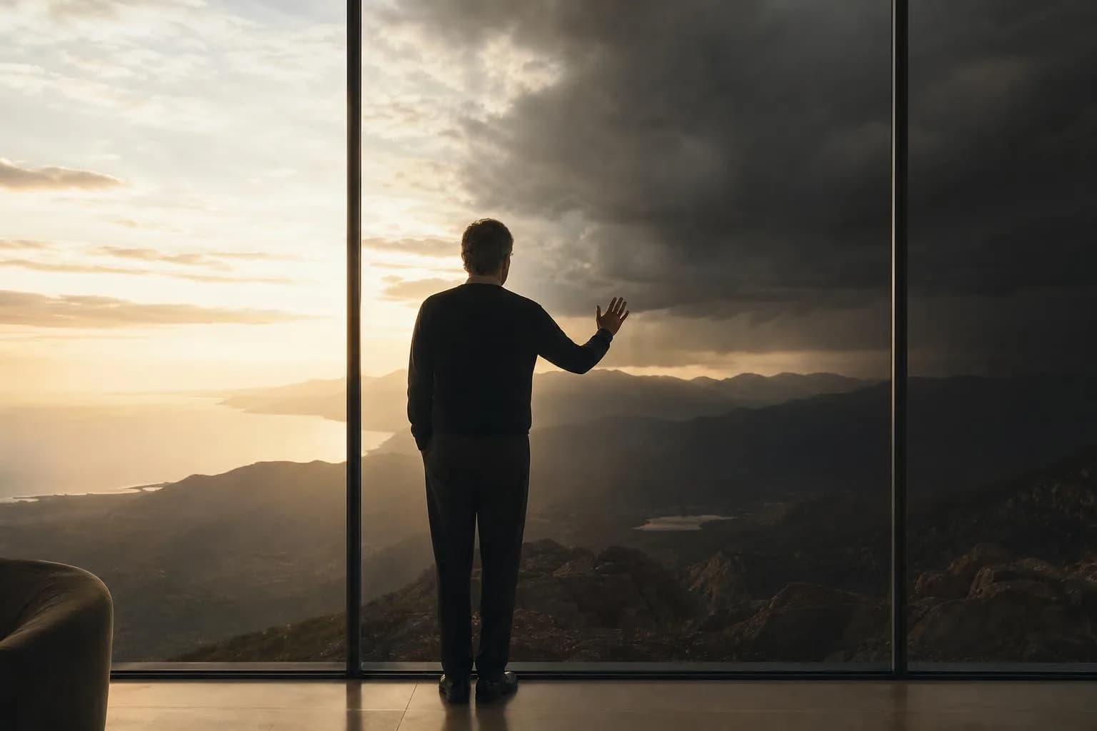 Figure silhouetted at window, landscape transitioning from light to shadow beyond glass.