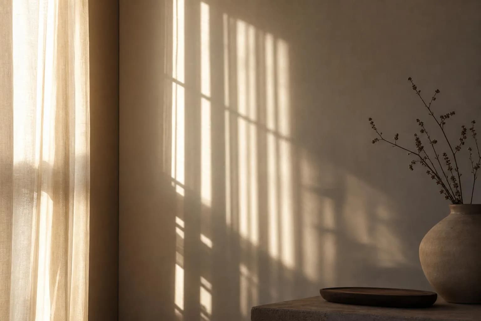 Soft light and shadow filtering through curtains onto a pale wall, evoking themes of concentration and dispersion