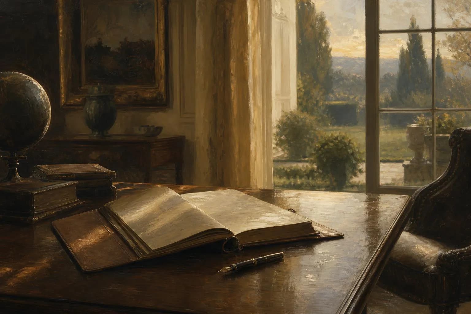 Impressionistic study with journal and pen on desk, garden visible beyond window, soft golden light
