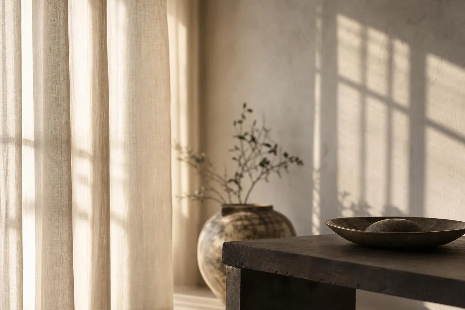 Soft sunlight filtered through sheer curtains, creating subtle shadows on a pale wall.