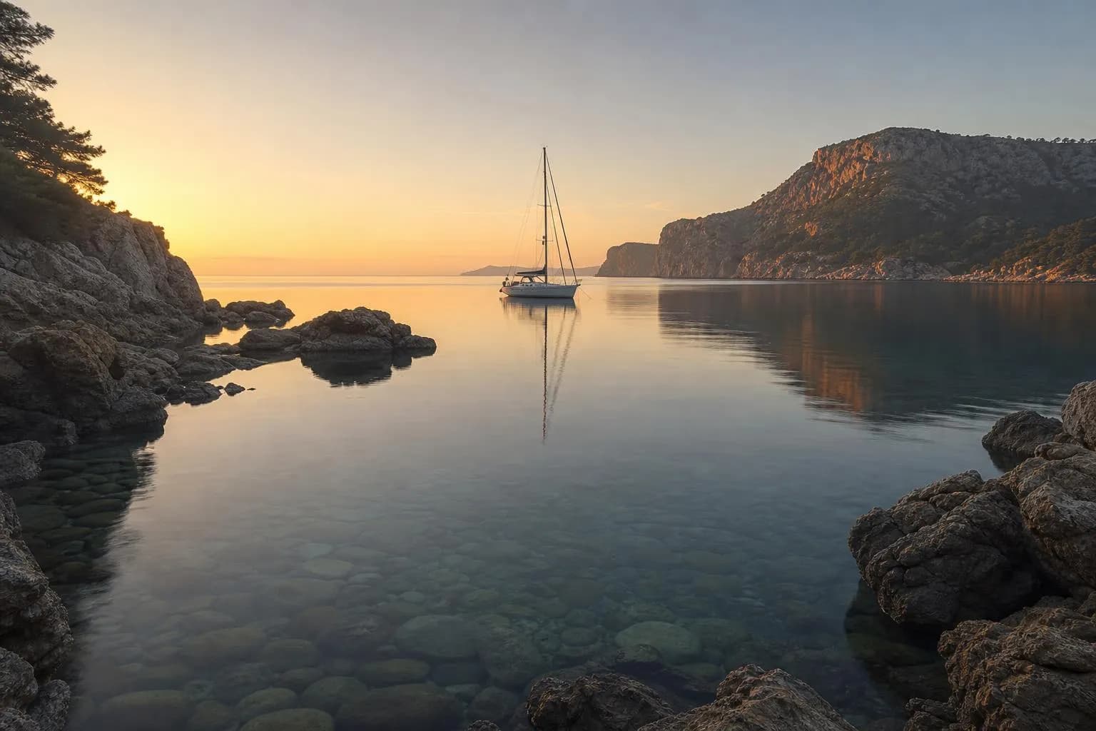 Calm coastal waters at dawn with a lone sailboat and its perfect reflection on glassy water.