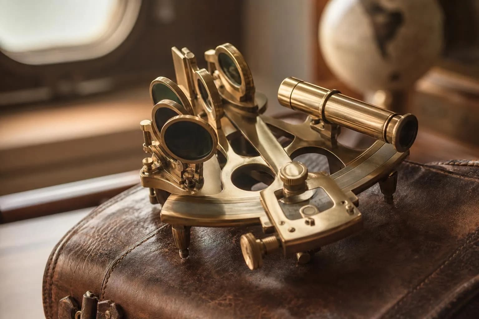Brass navigational instrument on leather, soft natural light, refined study setting