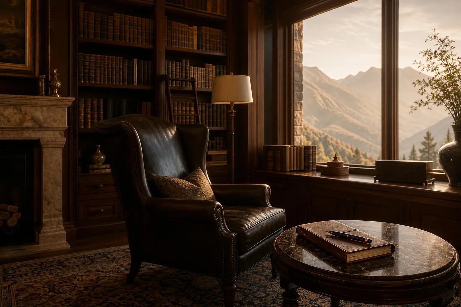 Sunlit library in a mountain lodge with leather chairs, books, and a distant alpine vista.