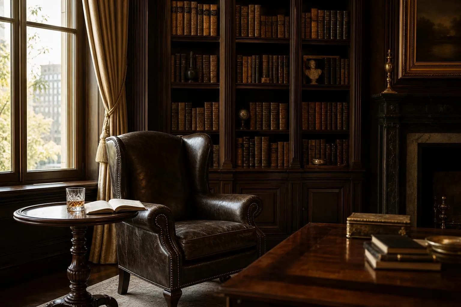 A refined private library with leather wingback chair, natural light, and mahogany shelving.