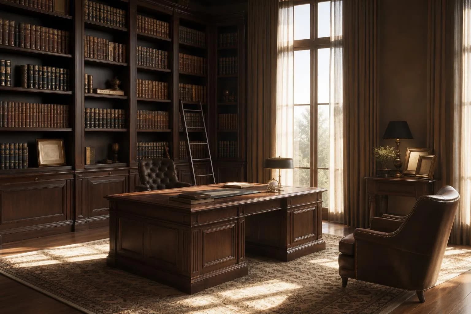 Quiet home library with law books, wooden desk, leather chair, and warm natural light