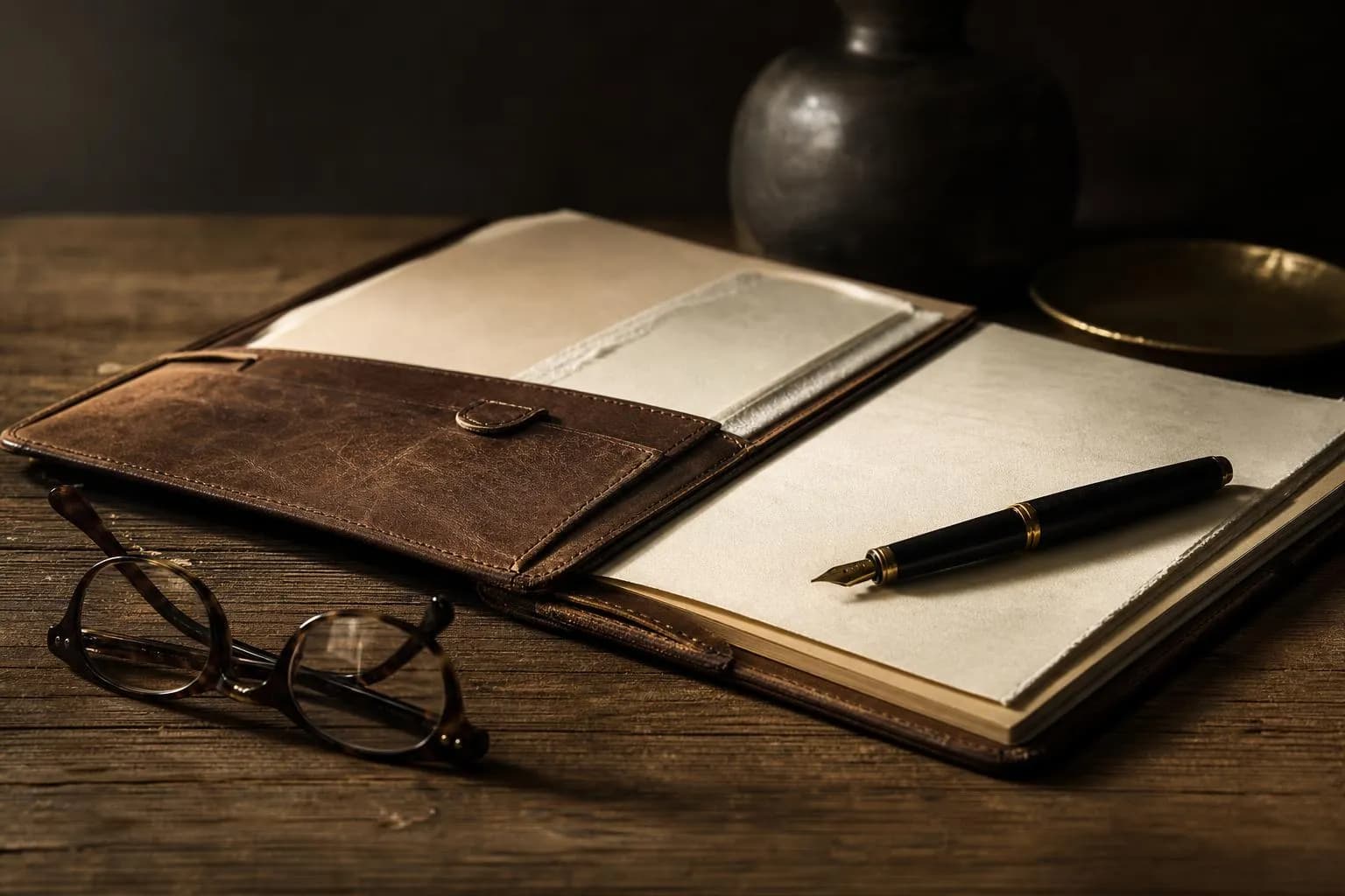 Still life with leather portfolio, documents, fountain pen, and reading glasses in soft window light