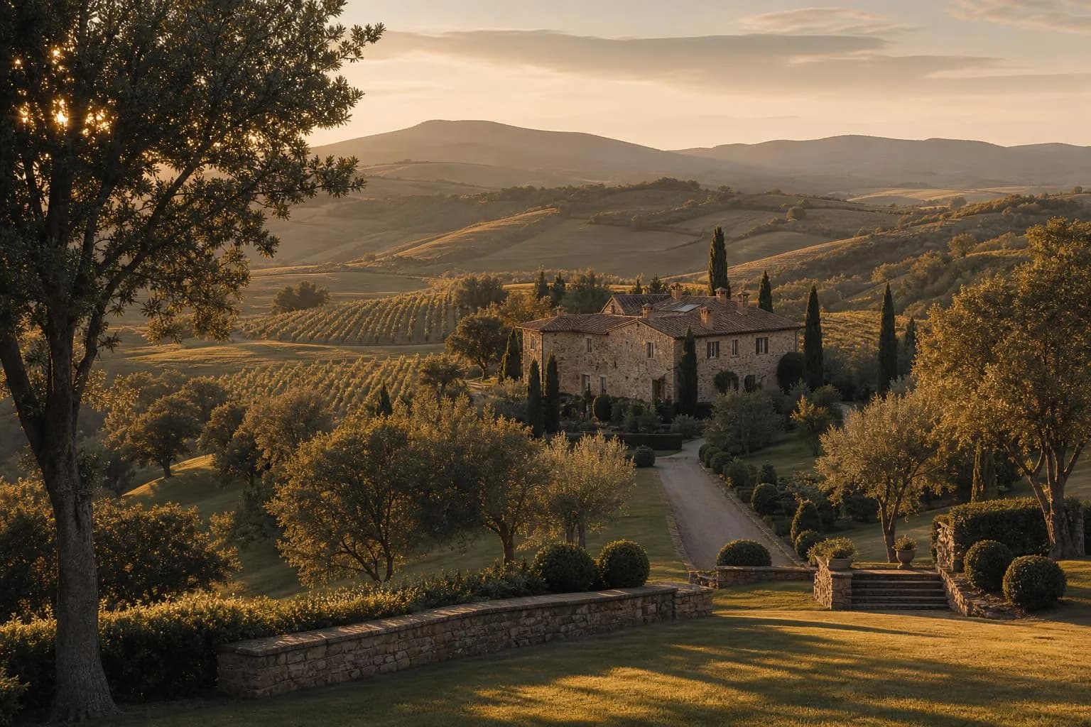 Golden-hour landscape: rolling estate grounds with vineyard and distant manor house at dusk, bathed in warm light