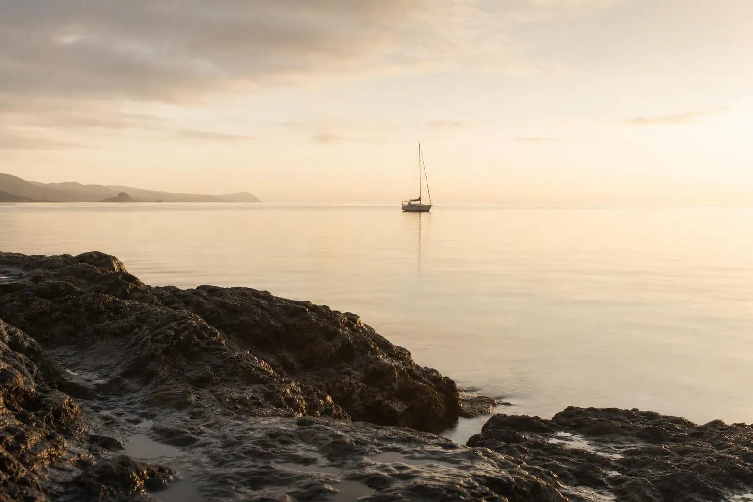 Serene coastal dawn with calm sea, lone sailboat on horizon, misty rocky shore.