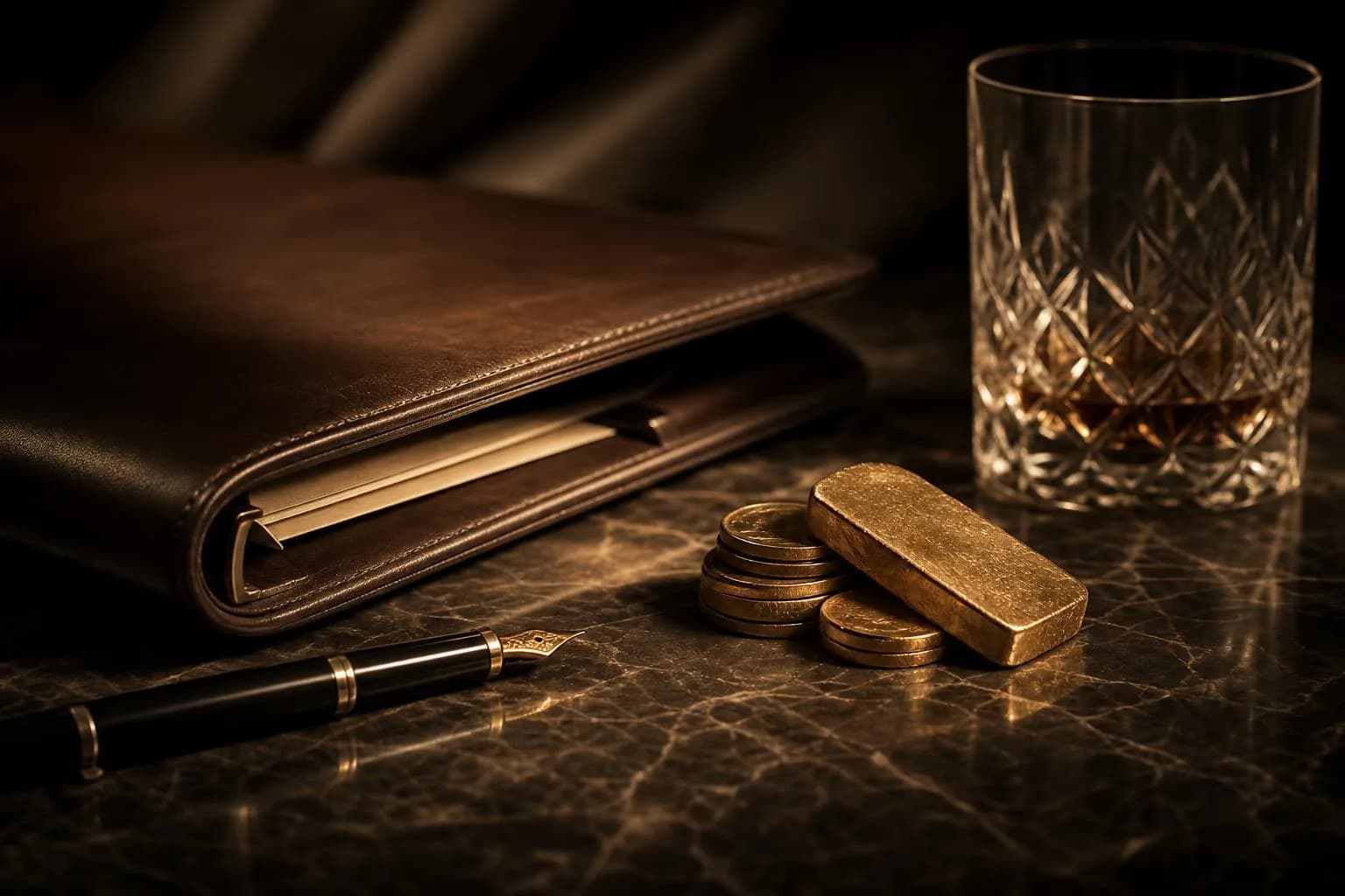Still life of portfolio, fountain pen, precious metals, and crystal glass in soft directional light.