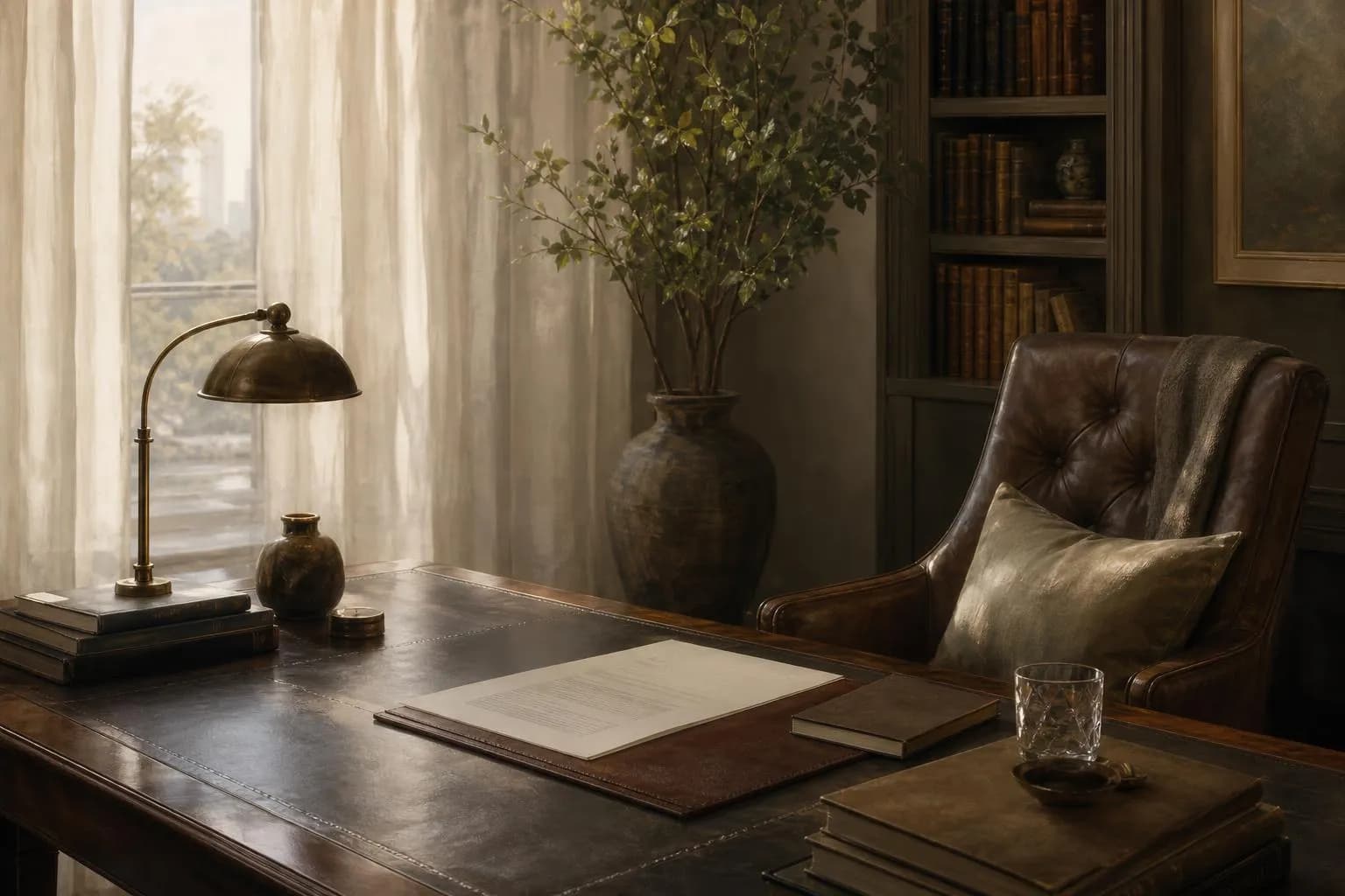 Serene study with morning light, leather desk, and quiet financial objects in muted tones