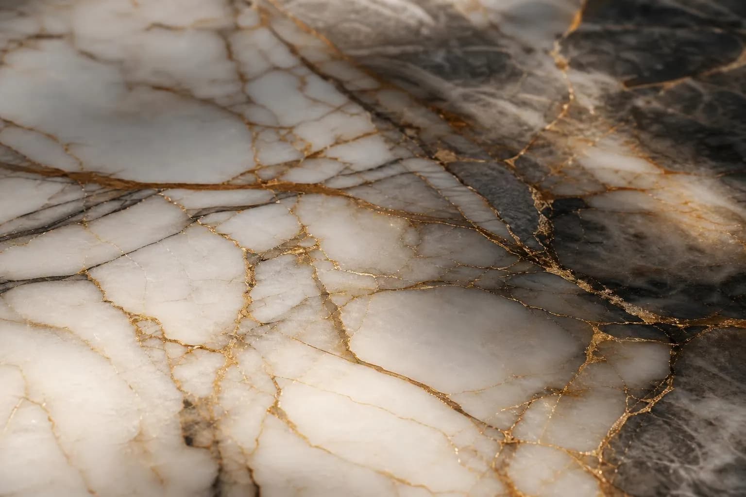 Close-up of polished marble with deep gold and grey veining, lit to emphasize intricate layered structure