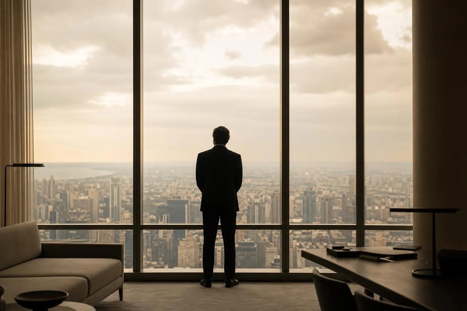 Solitary figure at window overlooking city, contemplative pose, soft overcast light