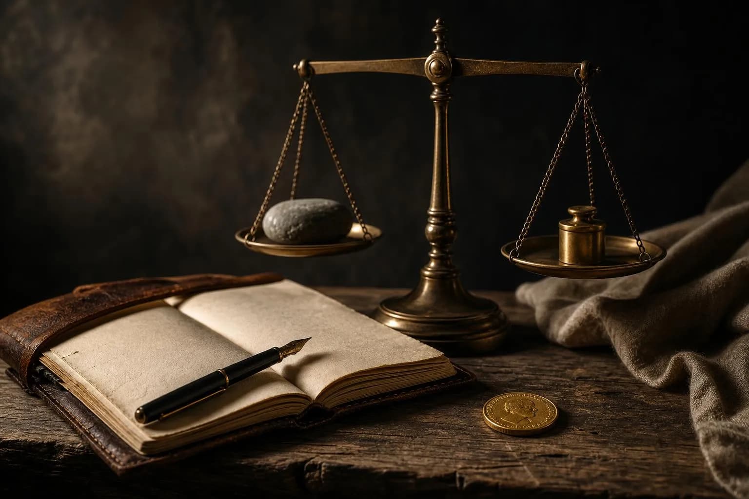 Still life of a brass balance scale, leather journal, fountain pen, and gold coin on wood surface.