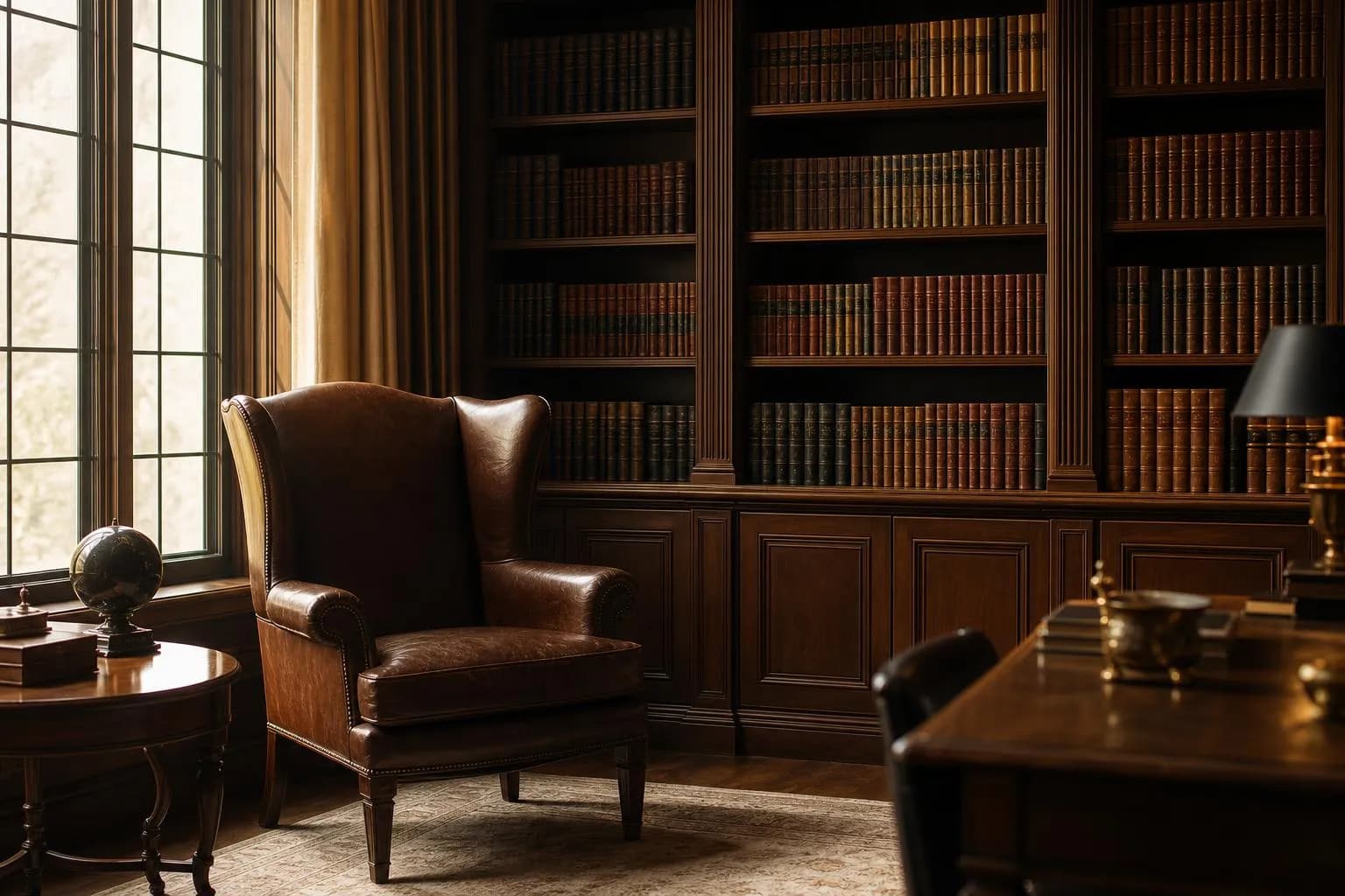 Sunlit private library with leather chair and shelves of books, evoking intellectual pursuit and study.