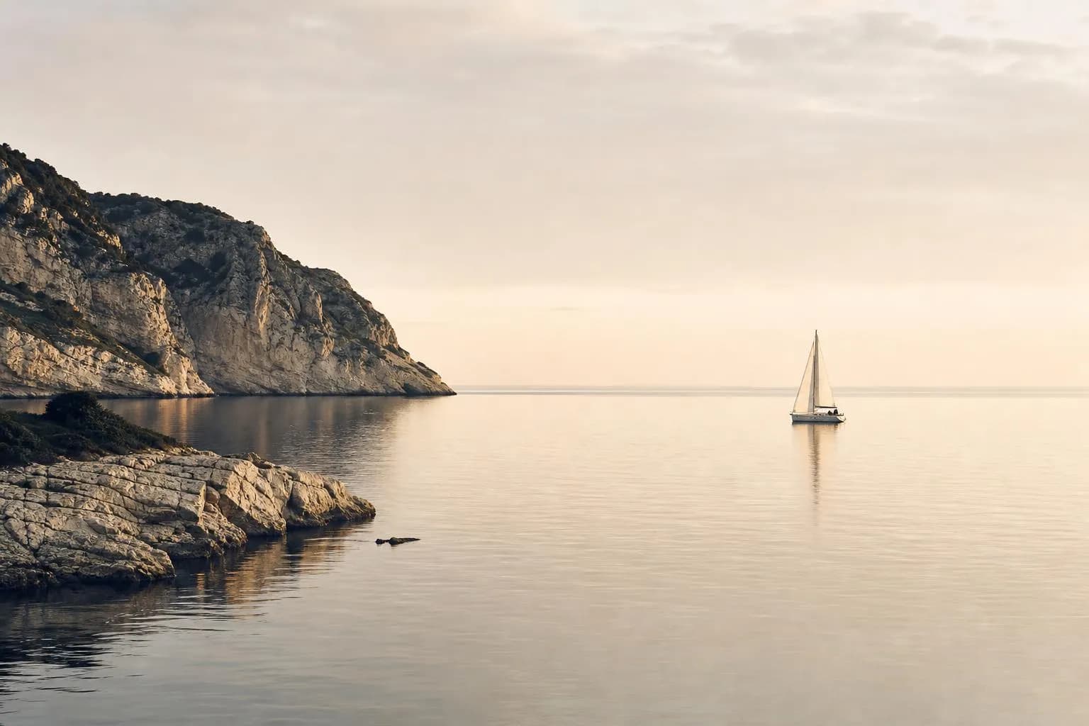 Calm coastal lagoon at dawn with a distant sailboat catching first light, weathered cliffs beyond