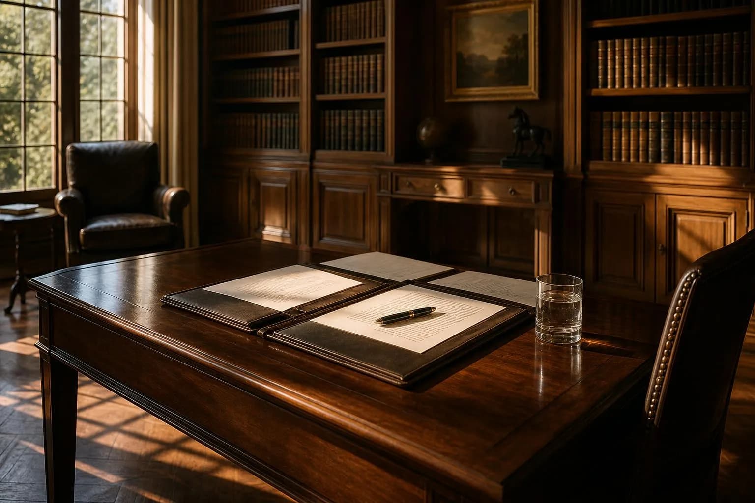 Serene private library with open portfolio and fountain pen on mahogany table, warm window light, leather-bound shelves.