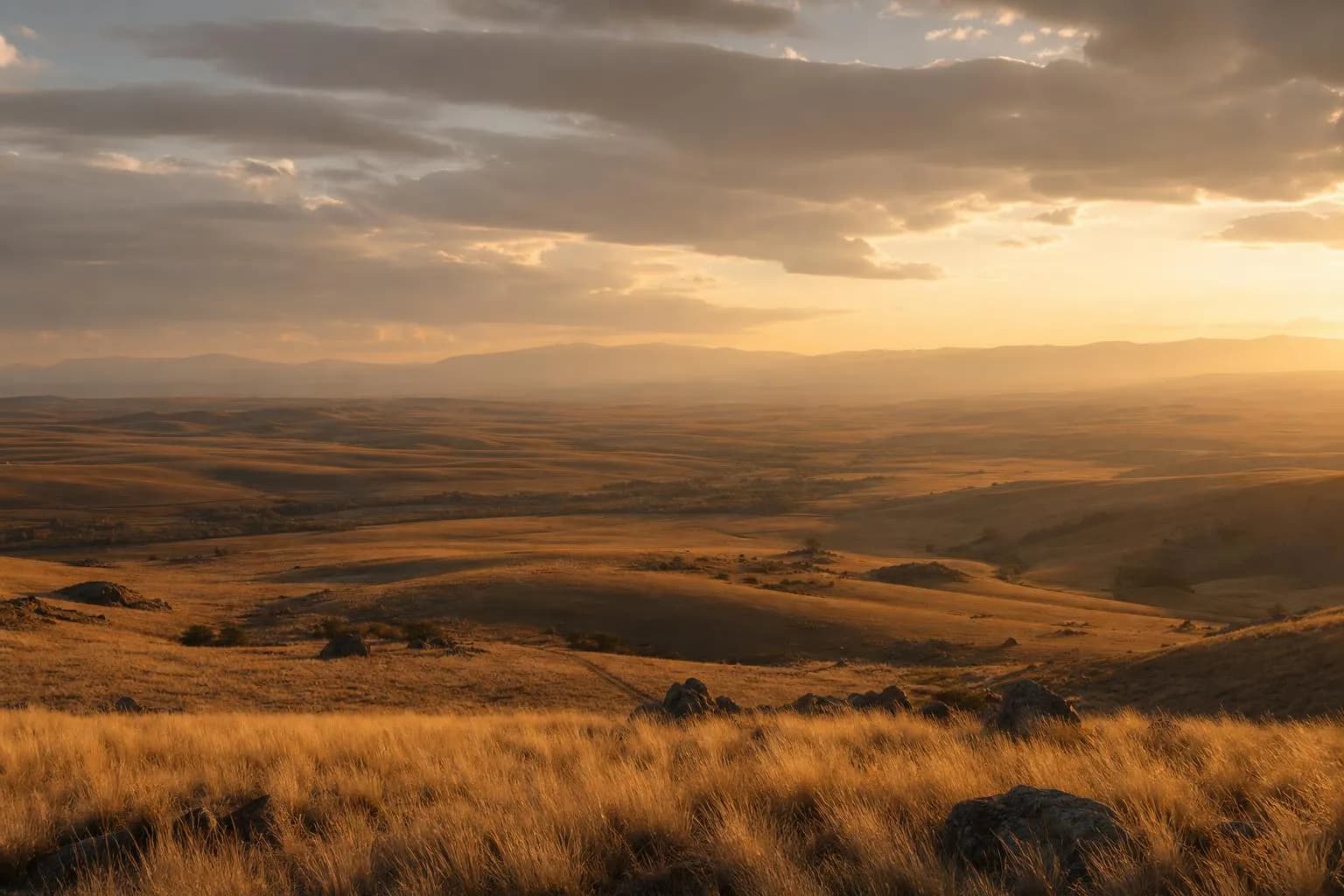 Rolling countryside at golden hour, vast open landscape with warm light and distant horizon
