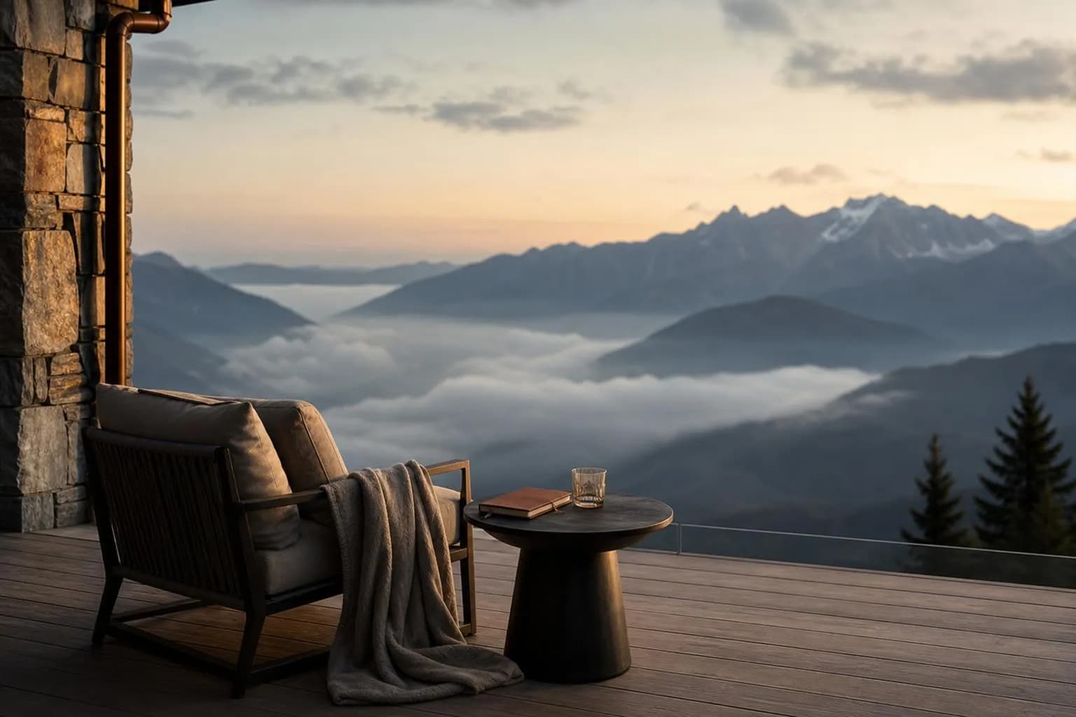 Alpine lodge terrace overlooking misty mountains at dusk, single chair facing the view