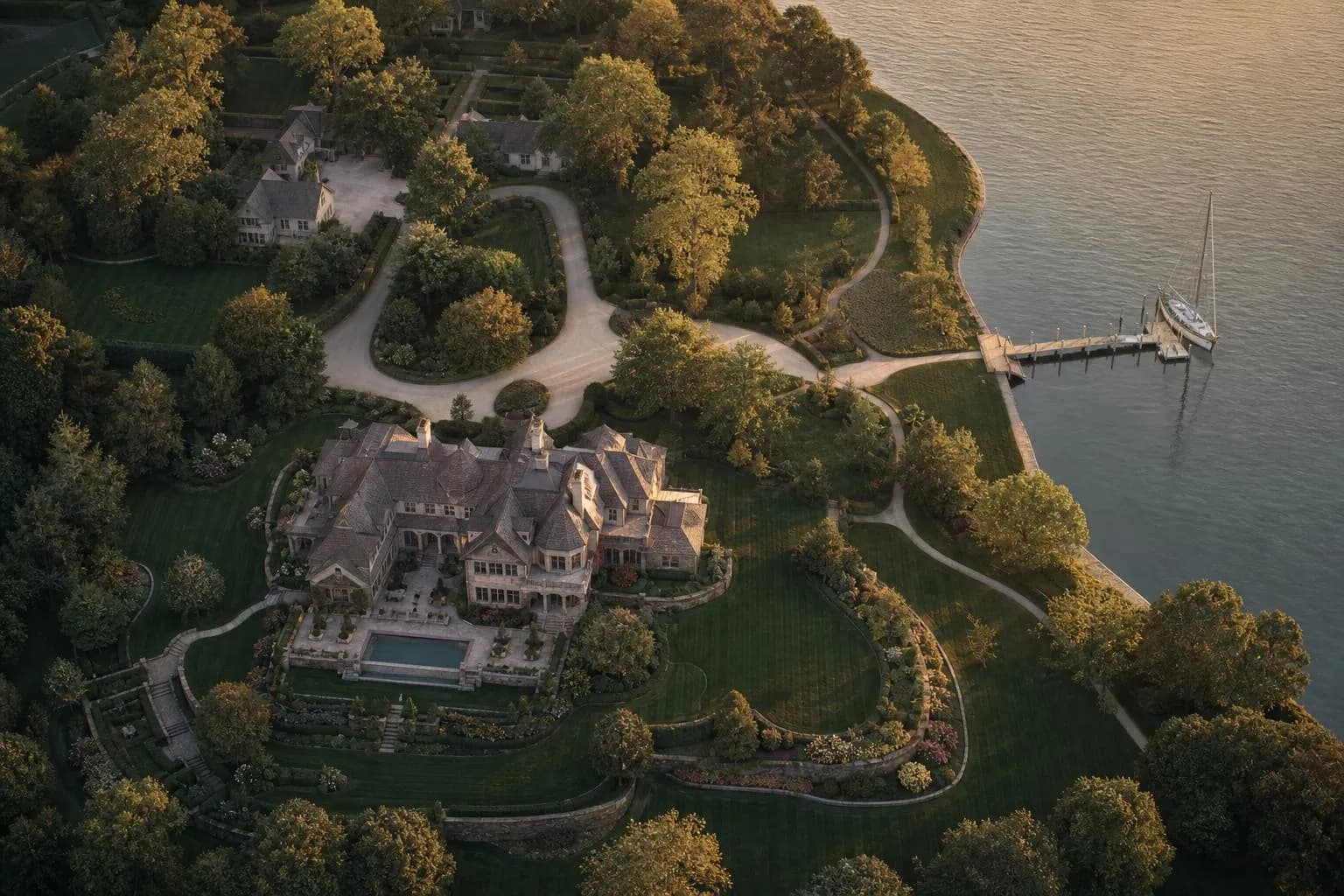 Overhead view of a luxury waterfront estate with grounds, dock, and sailboat at sunset.