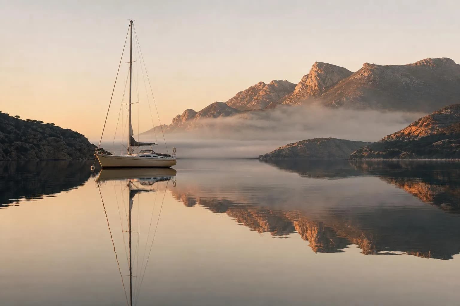 Sailboat at rest in a misty coastal cove at dawn, with rocky cliffs and still water reflecting morning light.