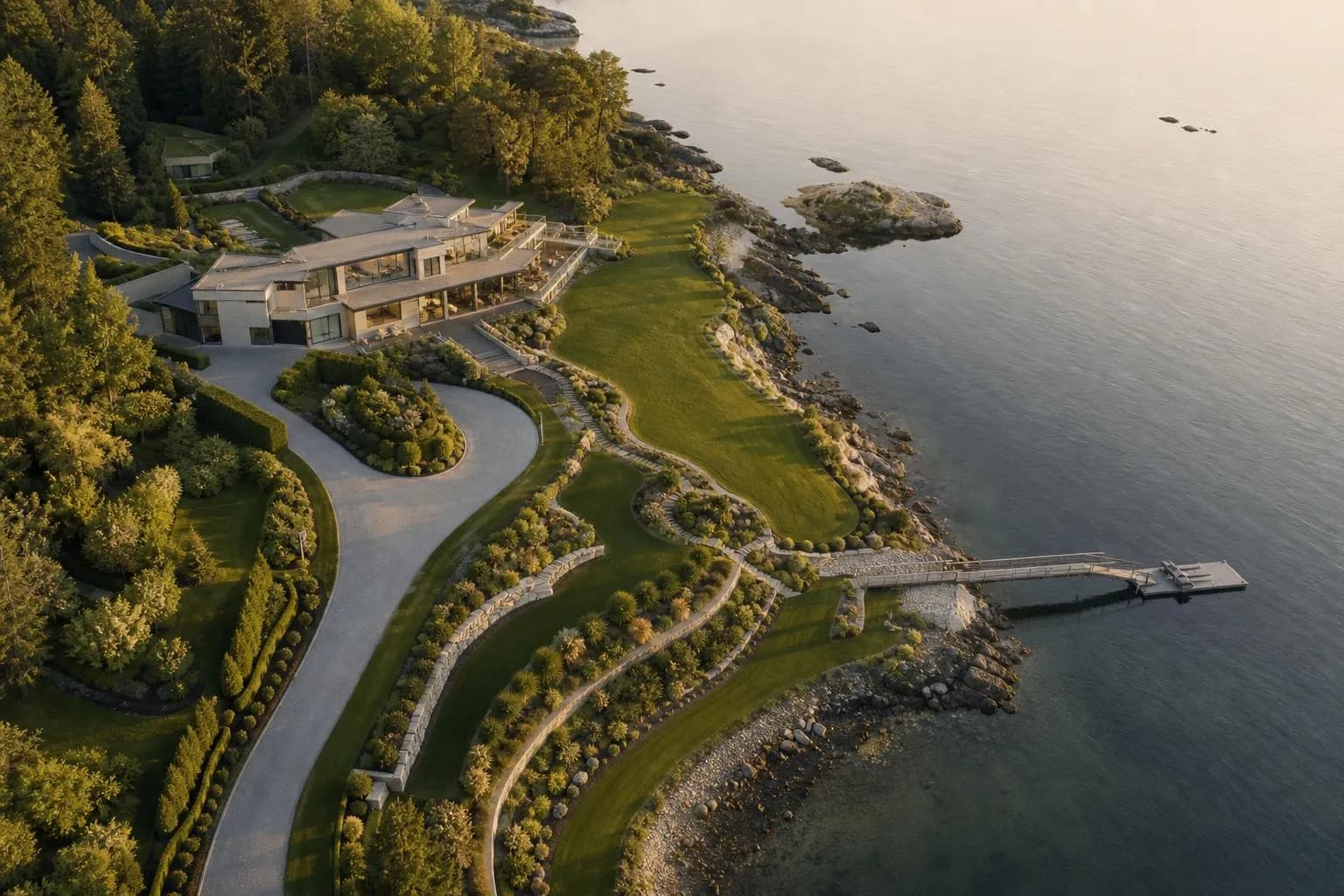 Aerial view of a coastal estate with manicured grounds, winding driveway, and private dock at soft light.