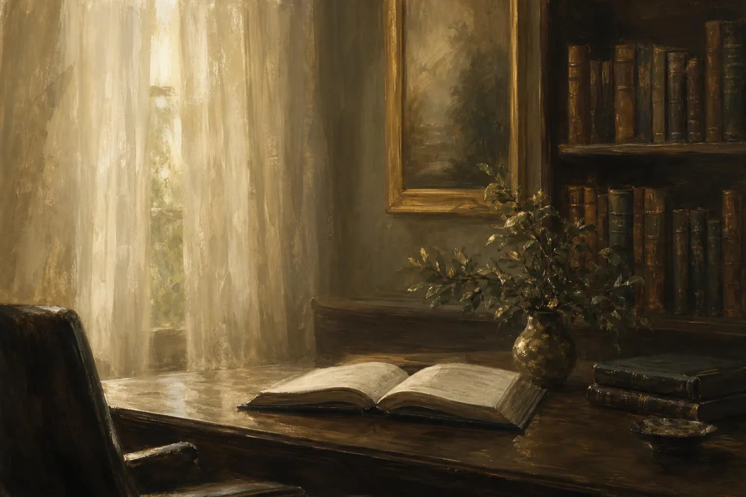 Impressionistic rendering of a quiet study with open book and soft light, warm muted tones