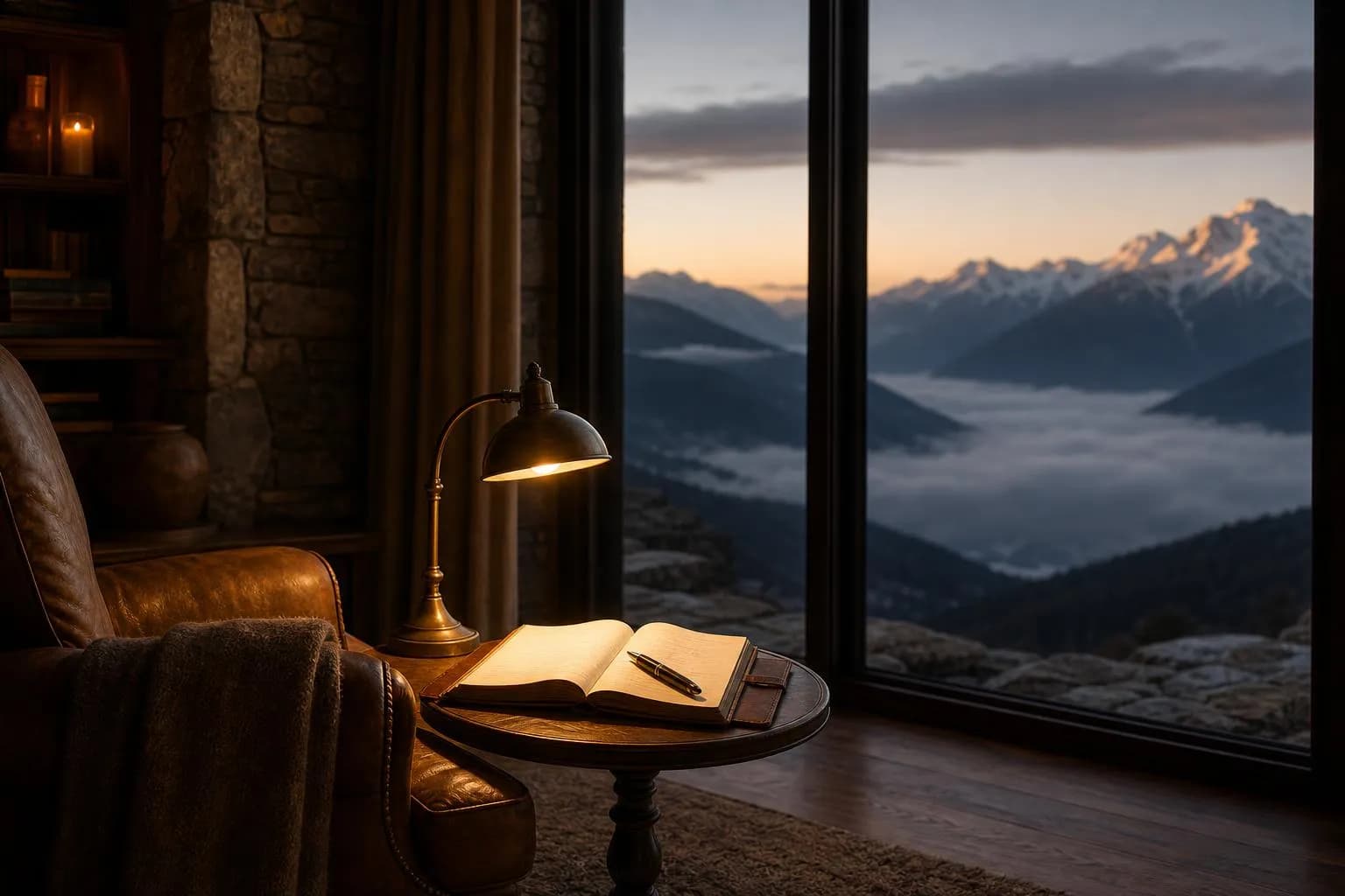 Alpine lodge interior at dusk, leather chair by window overlooking misty valley, warm lamplight on desk.