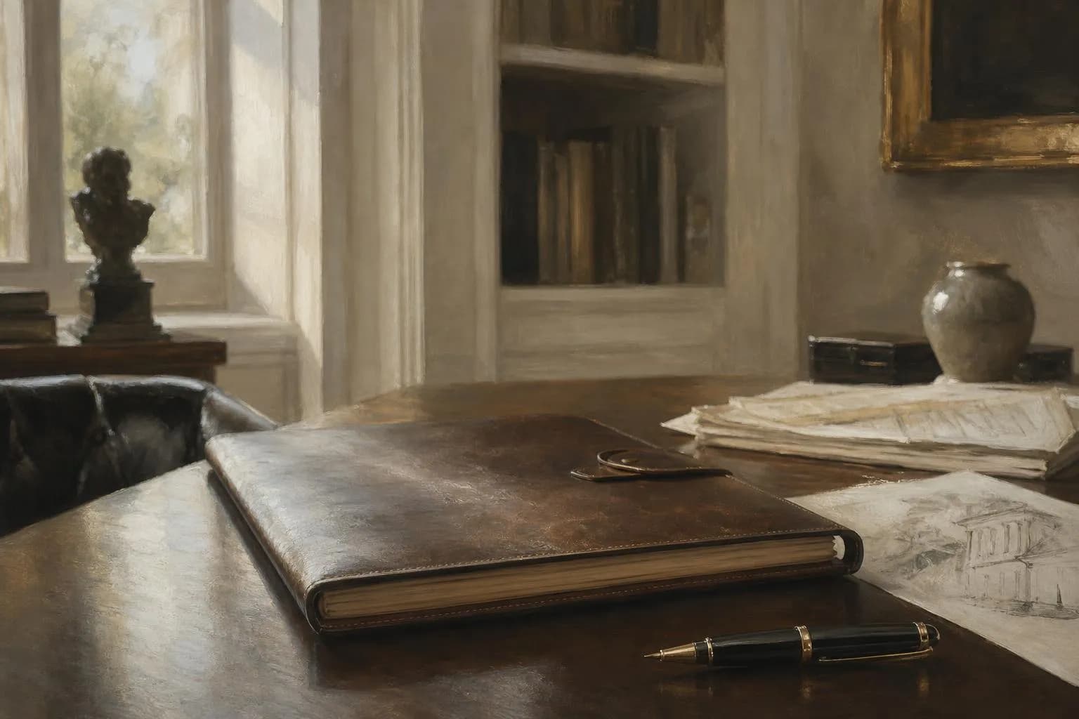 Muted impressionistic scene of a study table with portfolio and pen, soft natural light, calm and measured aesthetic