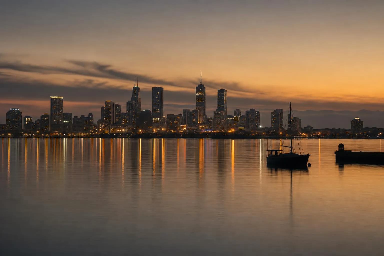 Distant city skyline glowing at dusk across calm water, viewed from a quiet shoreline.