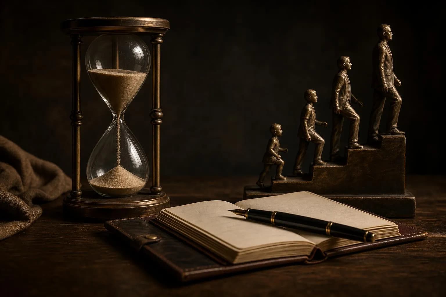 Hourglass, leather ledger, and bronze sculpture arranged on dark wood surface with dramatic directional lighting.