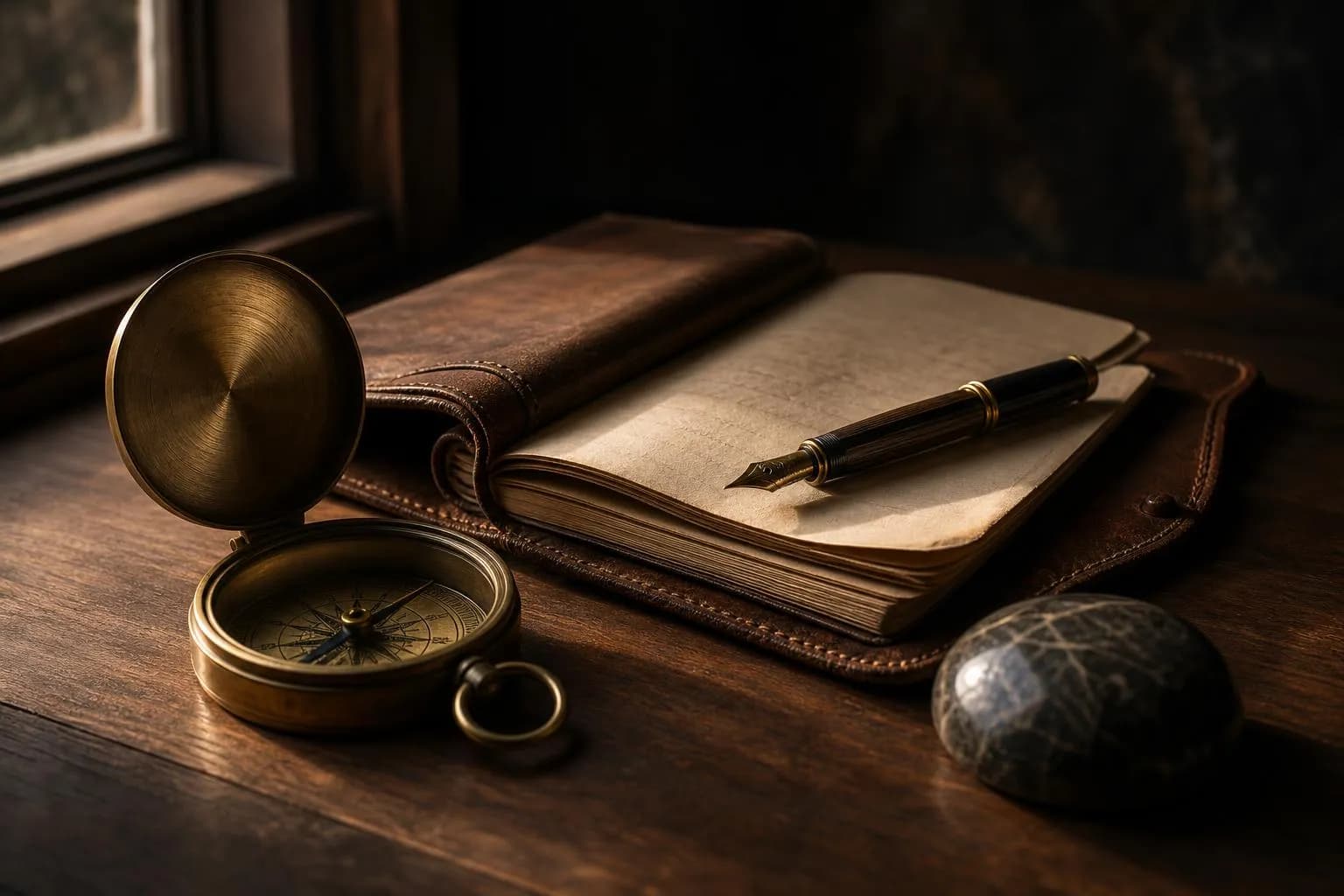 Antique compass, leather journal, and pen arranged on wood in warm window light