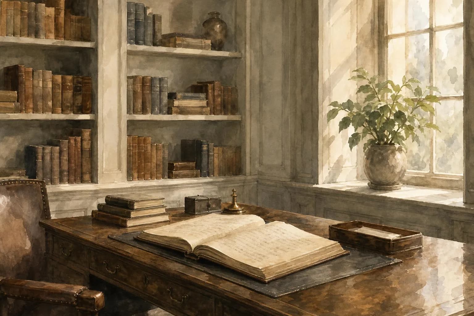 Soft impressionistic painting of a quiet study with books, desk, and natural light in muted tones