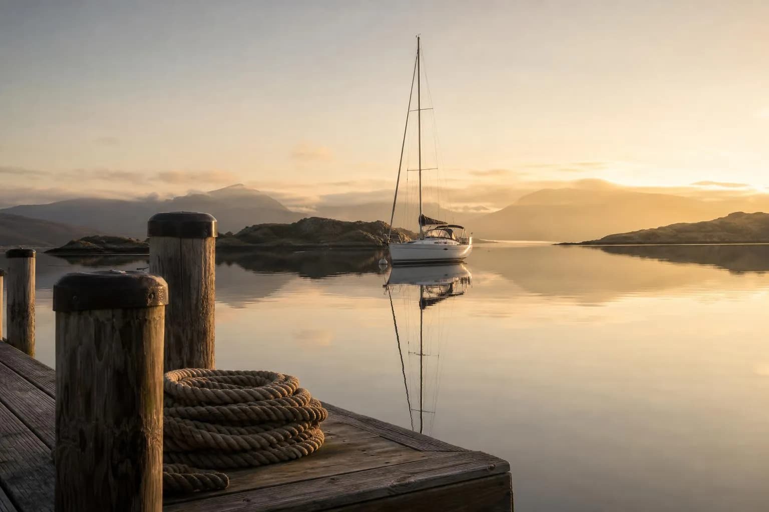 Calm harbor at sunrise with lone sailboat and wooden dock pilings in foreground
