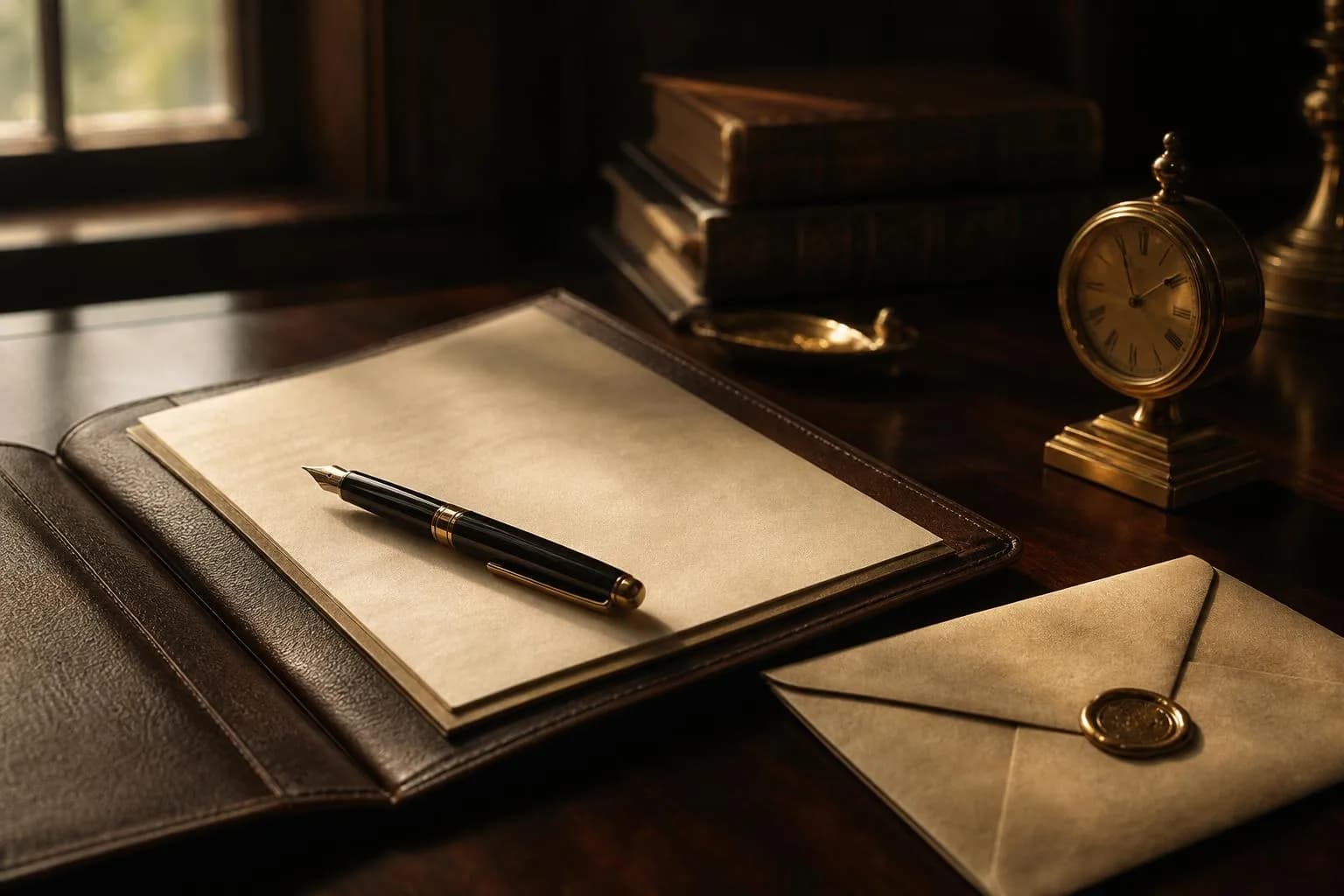 Estate planning documents and pen arranged on mahogany desk in warm natural light