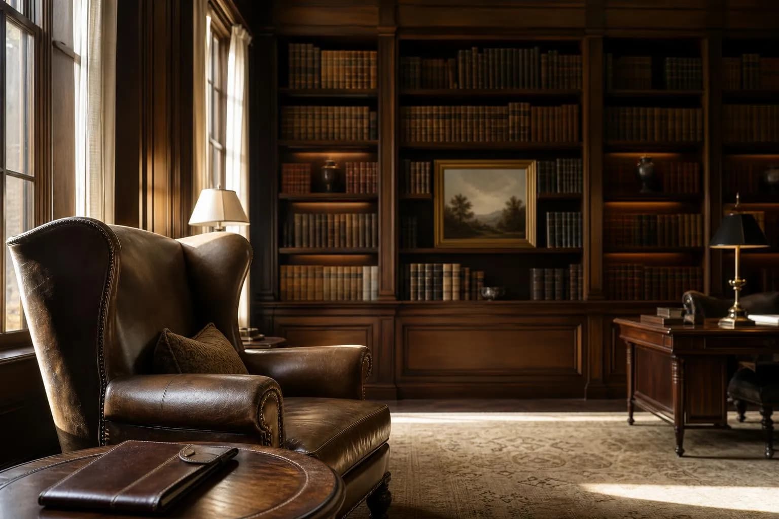 Sunlit private library with leather wingback chair and portfolio on side table, suggesting patient long-term investing.