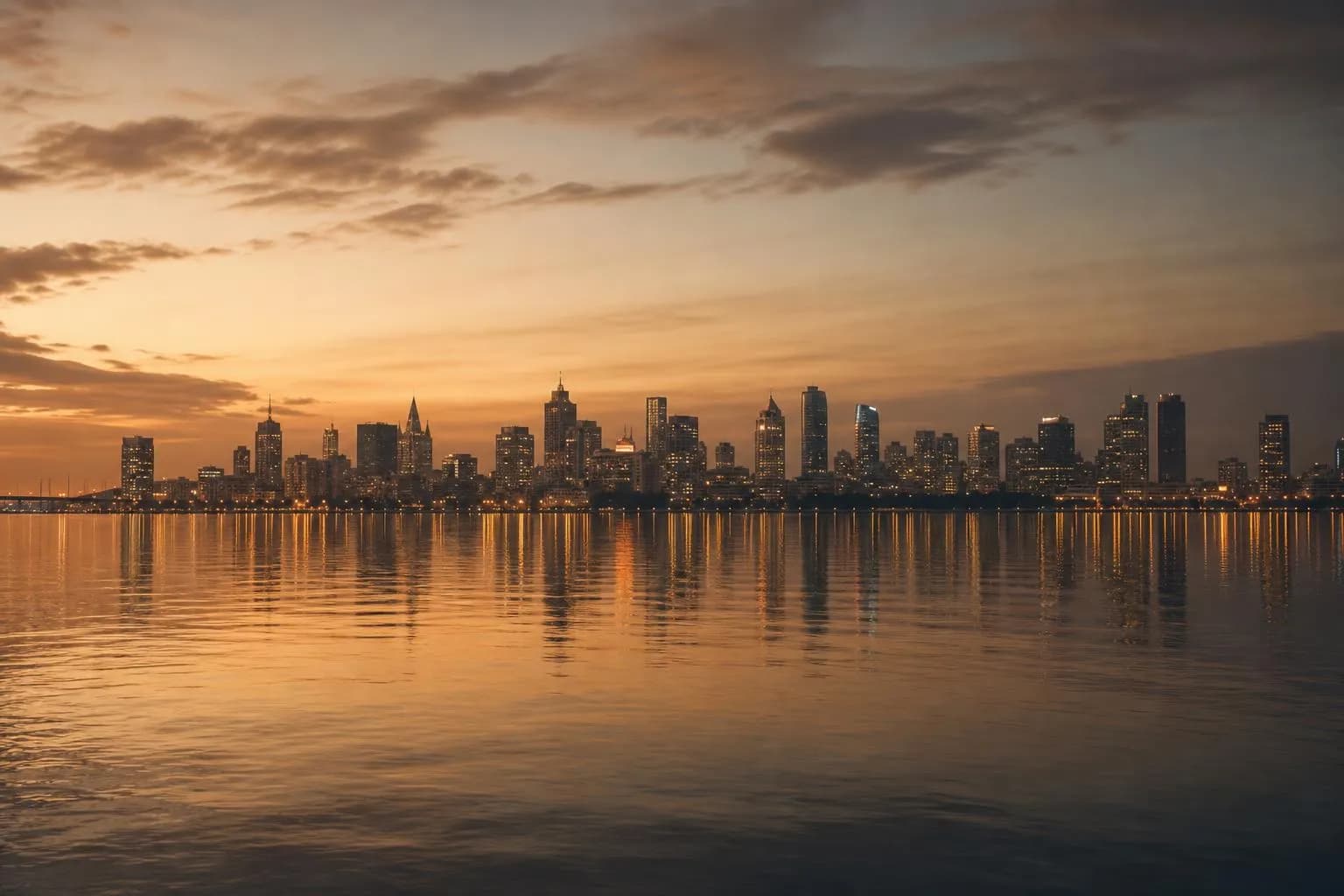 Distant city skyline at dusk reflected in calm water, evenly lit and balanced.