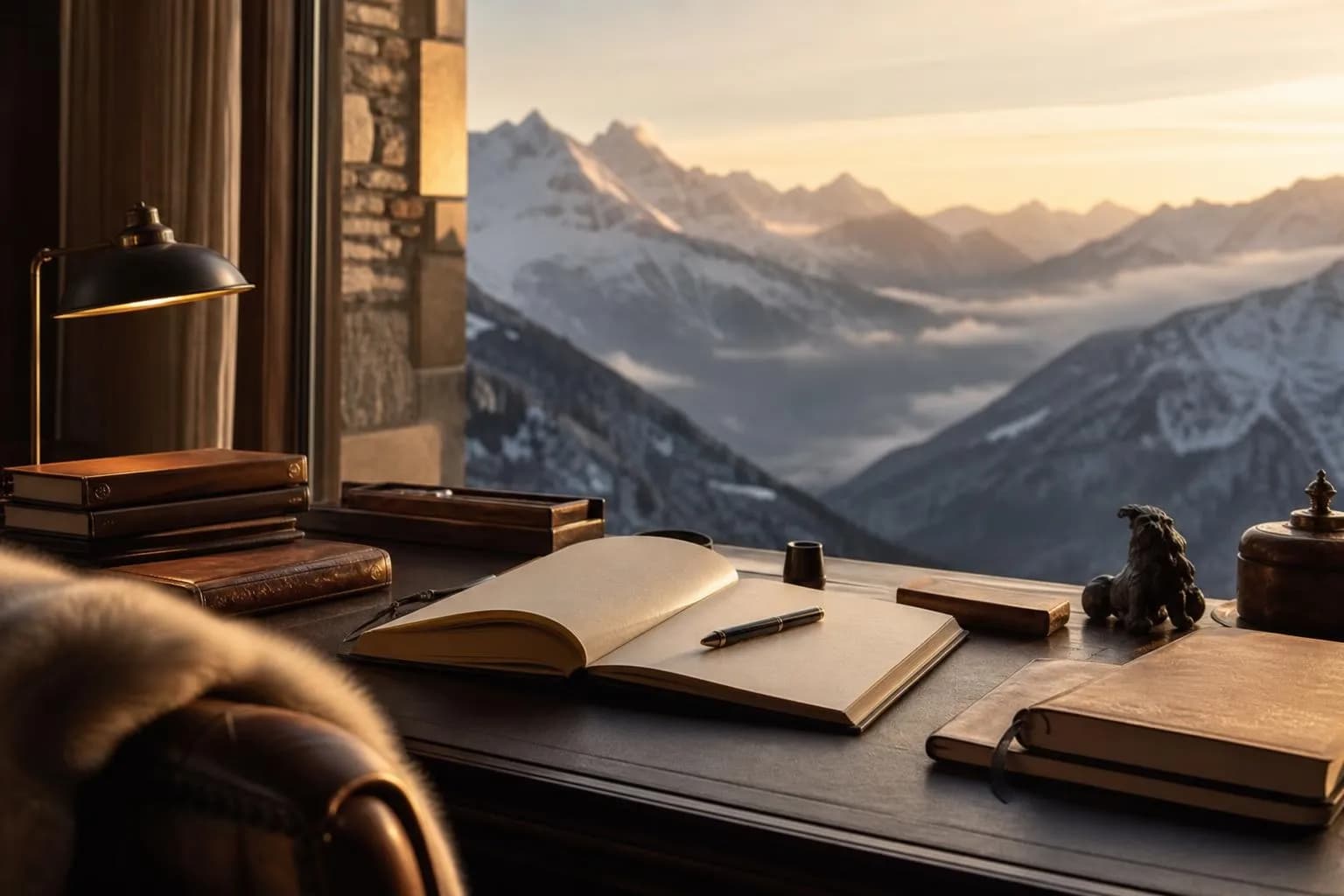 Alpine lodge study at dawn overlooking misty peaks, leather journal and pen on desk.