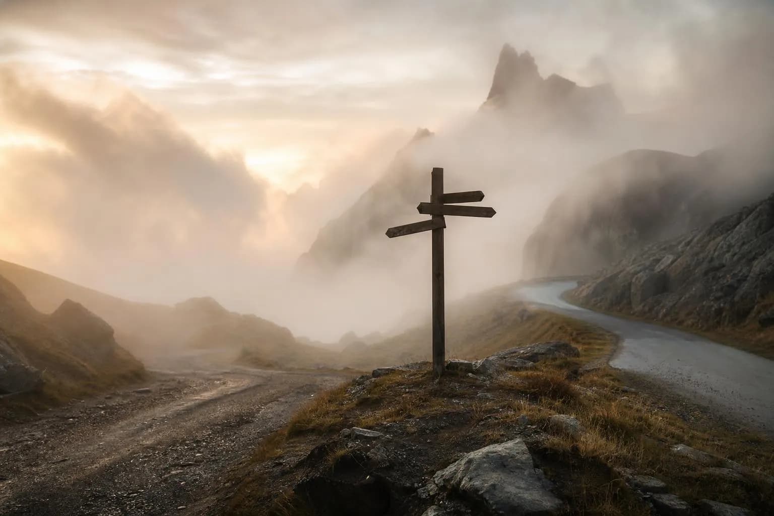 Misty mountain pass at dawn with a directional signpost at a fork in the road.