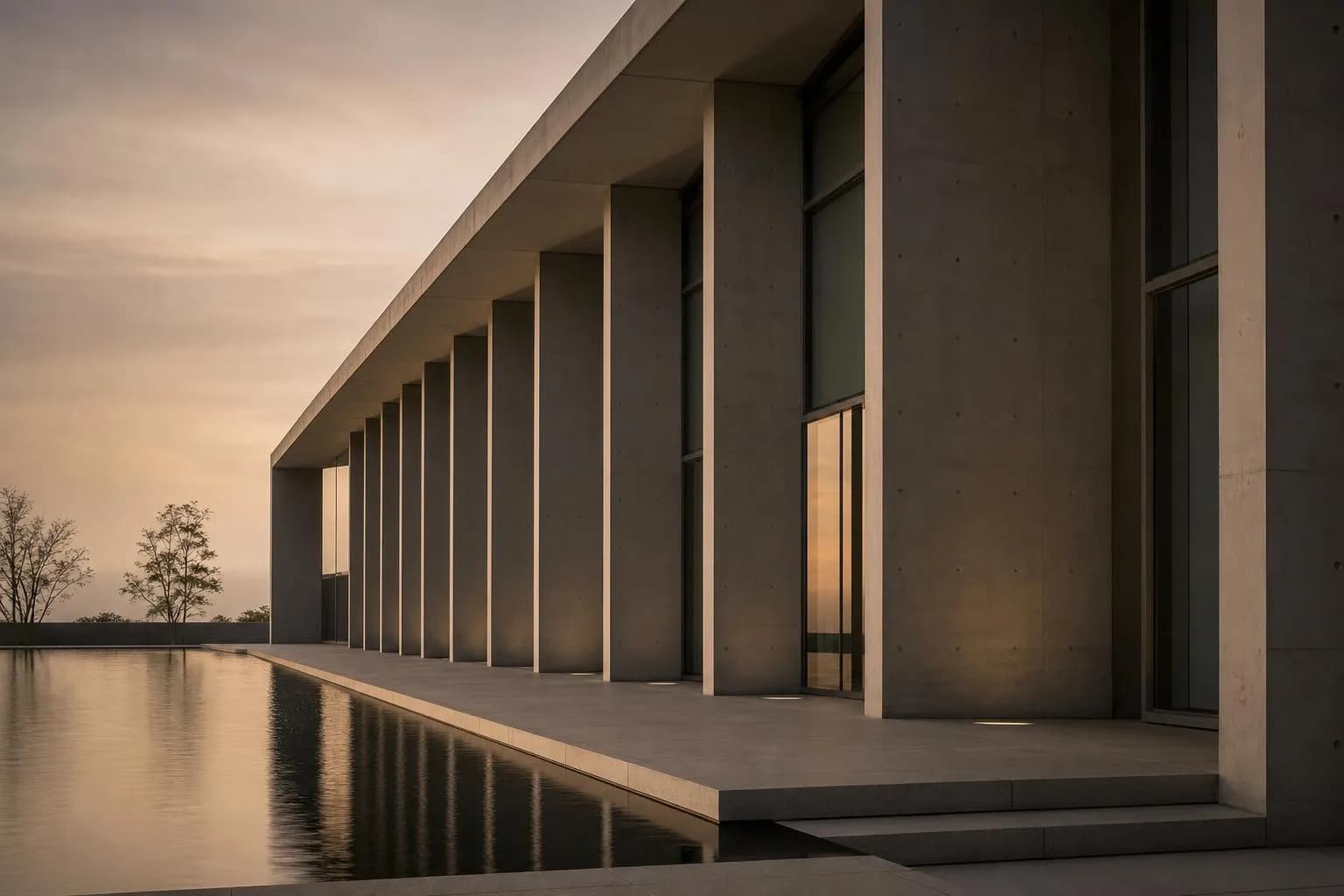 Minimalist modernist architecture with clean geometric lines and precise proportions.