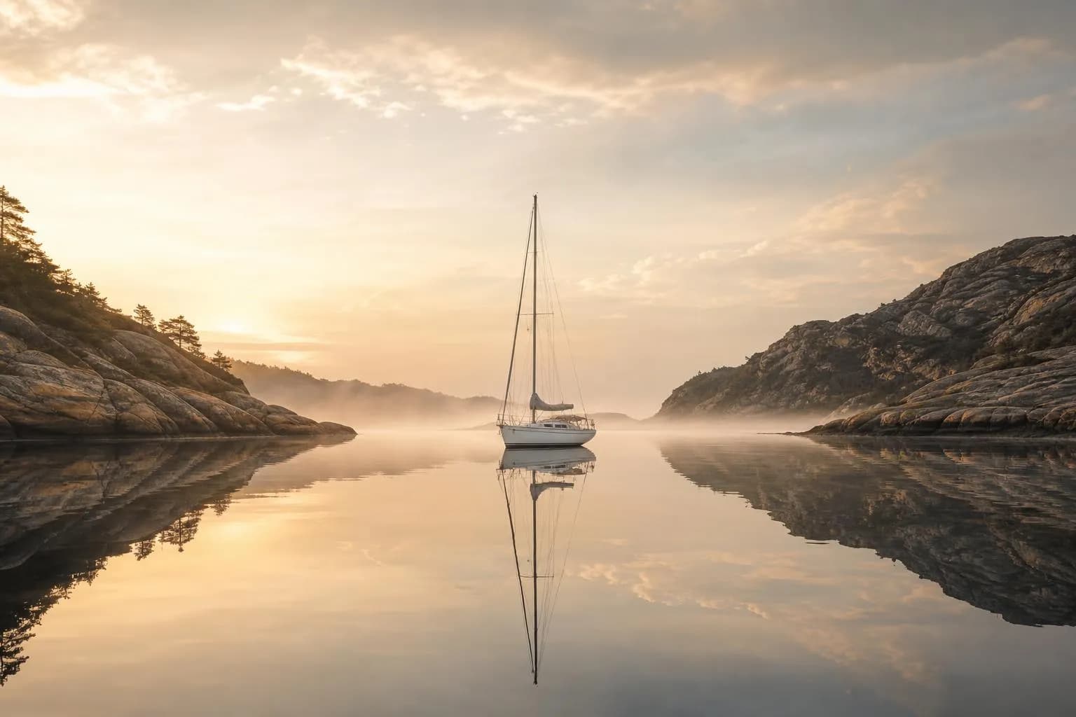 Misty dawn cove with lone sailboat anchored in still water, rocky headlands framing the scene