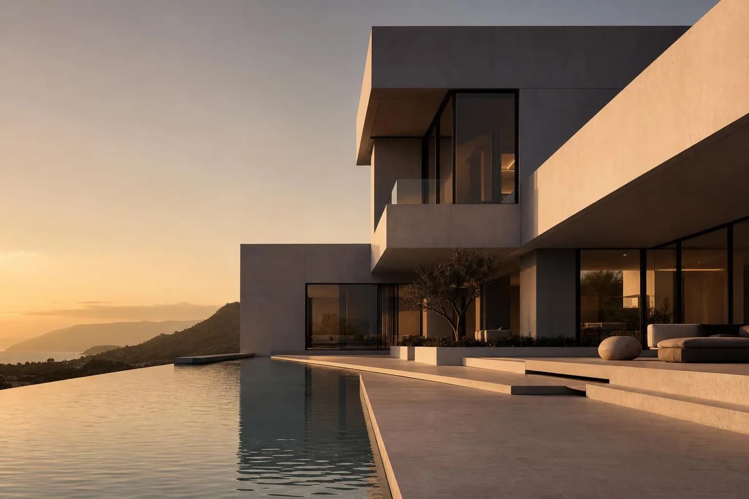 Modernist villa exterior with clean geometric forms and strong light-shadow contrasts