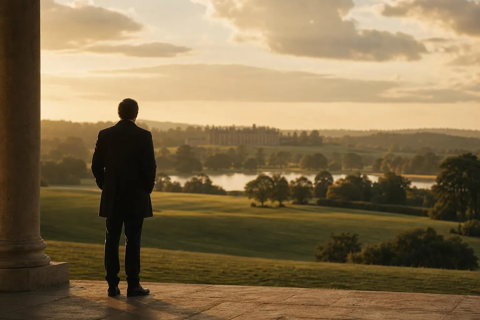 Solitary figure on grand estate grounds at dusk, gazing across manicured landscape.