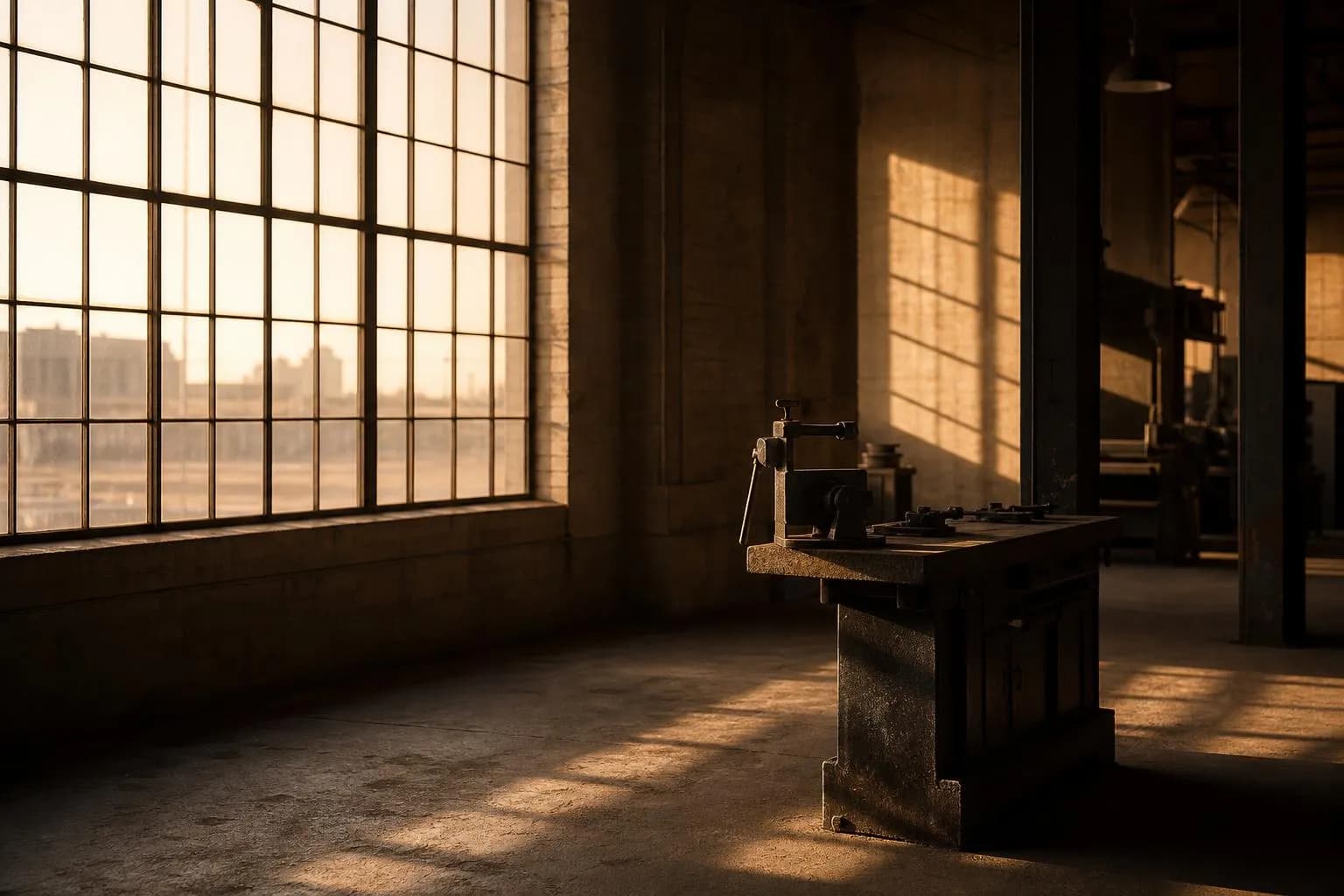 Sunlight through factory windows casting geometric shadows on concrete floor and workbench