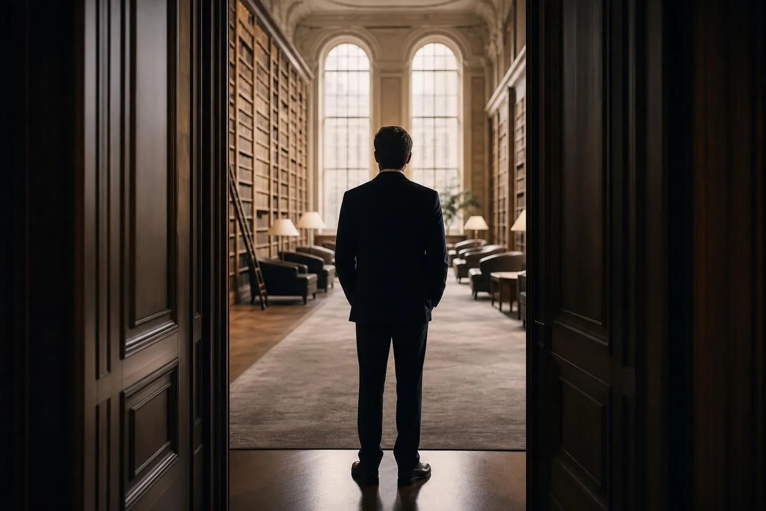 A solitary figure in profile, studying an organized space, symbolizing thoughtful financial decision-making.