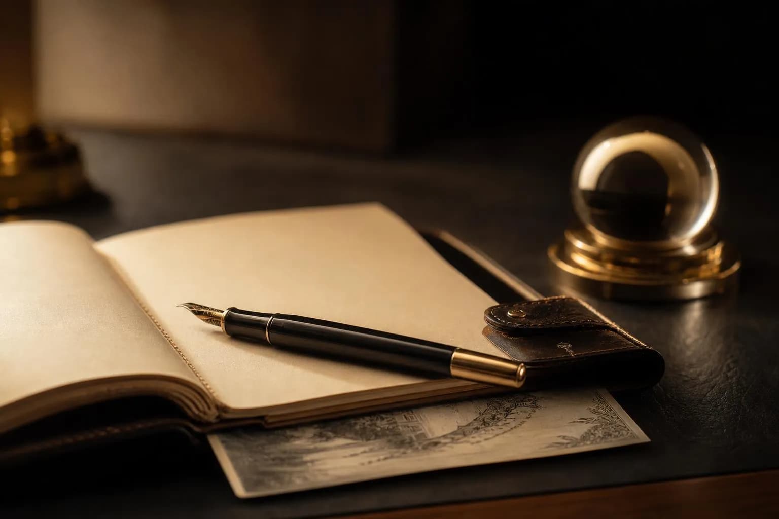 A carefully arranged still life of a leather journal, fountain pen, and small brass object on a polished surface, lit with warm directional light.